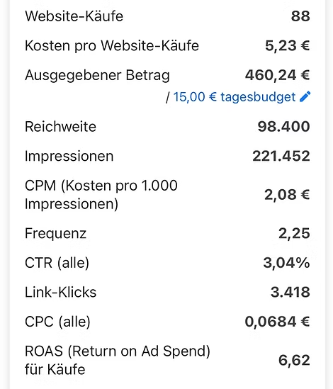 Ausschnitt aus dem Werbeanzeigenmanager: 88 Website-Käufe zu 5,23 Euro bei 460,24 Euro Budget, ROAS 6,62