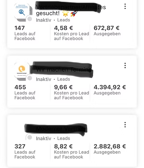 Ausschnitt aus dem Werbeanzeigenmanager: drei Lead-Kampagnen mit 147, 455 und 327 Leads zu 4,58, 9,66 und 8,82 Euro pro Lead